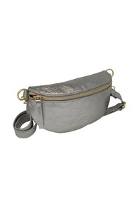 Sac bandoulière argenté métallique avec une forme incurvée, doté d'une fermeture éclair dorée et d'accents en métal doré. Matériau texturé lisse, sangle réglable.