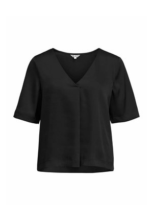 Blusa negra de cuello en V con mangas cortas, elaborada en tela suave. Presenta un pliegue frontal y un dobladillo recto, ofreciendo un ajuste relajado.