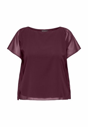 Tamsiai raudona bluzelė su lygiu, pusiau permatomu audiniu, trumpomis rankovėmis ir laisvu siluetu, turinti apvalią iškirptę ir šonines įpjovas.