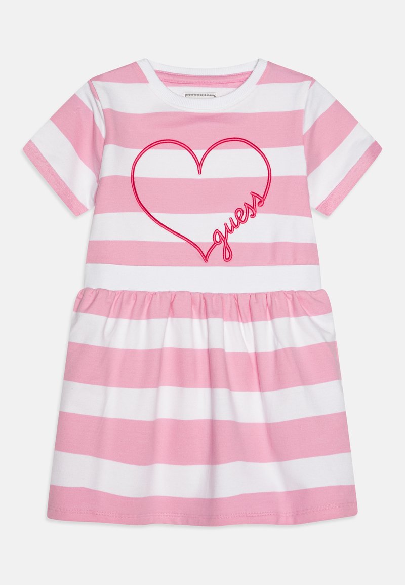 Pink and white striped short-sleeve dress with a gathered skirt and embroidered heart design featuring the word "guess" in pink thread.