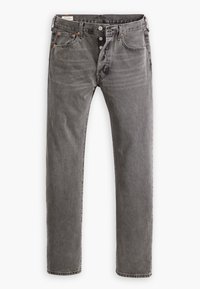 Grå denimjeans med rak passform, fem fickor, knappstängning och detaljer med orangea sömmar. Slät textur med en bleknad finish.