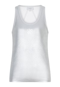Zilveren mouwloze tanktop met een subtiele glans, geribbelde textuur en een klein wit logo in het midden. Lichte en aansluitende pasvorm.