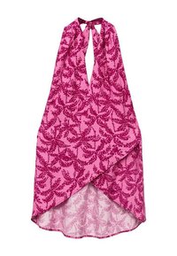 Abito halter rosa con un motivo floreale in tonalità di rosa intenso, scollatura a V profonda e orlo asimmetrico. Tessuto leggero.