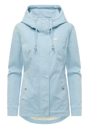 Vaaleansininen naisten hupullinen takki, jossa on etupuolen nepparikiinnitys, kiristysnauha hupussa, sivutaskut ja hieman kaareva helma.