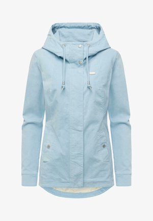 Hellblaue Damenjacke mit Kapuze, vorderen Druckknöpfen, Kordelzugkapuze, Seitentaschen und leicht abgerundetem Saum.