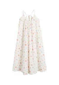 Abito lungo senza maniche bianco con vita arricciata, caratterizzato da un motivo floreale multicolore e spalline regolabili. Tessuto leggero.