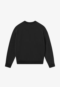 Sweat-shirt noir à manches longues et col rond présenté de dos avec poignets et ourlet côtelés sur fond gris clair.