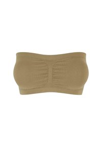 Hnedý elastický bandeau top s nariaseným predným detailom, hladkou textúrou a bez ramienok, navrhnutý pre pohodlné nosenie.