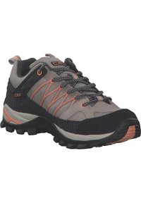 Trail shoes with a gray mesh upper, black synthetic accents, and orange detailing. Features thick, textured soles and durable laces.