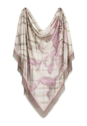 Lichtbeige en roze geruite sjaal met abstracte roze en bruine patronen, zachte stof, gedrapeerd in een driehoekige vorm.