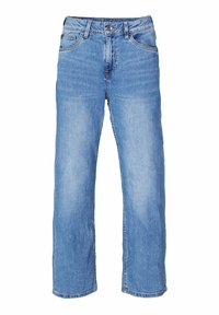 Jeans de mezclilla azul claro con una cintura alta, corte recto, diseño de cinco bolsillos y costuras amarillas en contraste. Sin adornos.