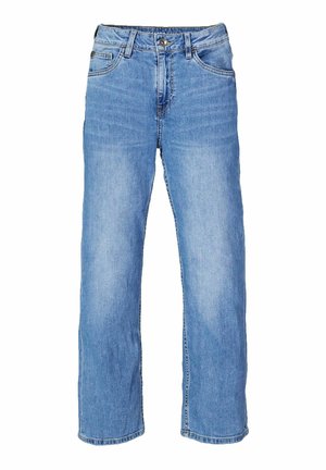 Light blue denim jeans with a high waist, straight-leg fit, five-pocket design, and contrasting yellow stitching. No embellishments.