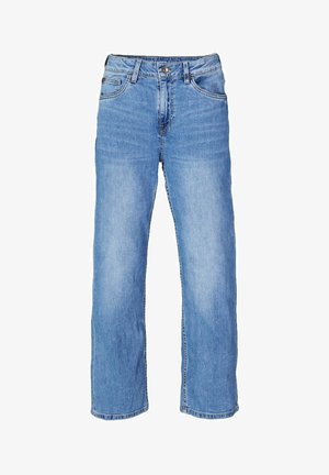 Hellblaue Jeans aus Denim mit hoher Taille, geradem Bein, Fünf-Taschen-Design und kontrastierenden gelben Nähten. Keine Verzierungen.