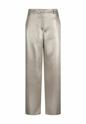 Light silver wide-leg trousers made from a smooth, shiny material. Features a flat front, belt loops, and no visible pockets.