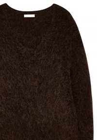 Brown, soft sweater featuring a deep V-neck and long sleeves. Made from fuzzy material with a textured finish.