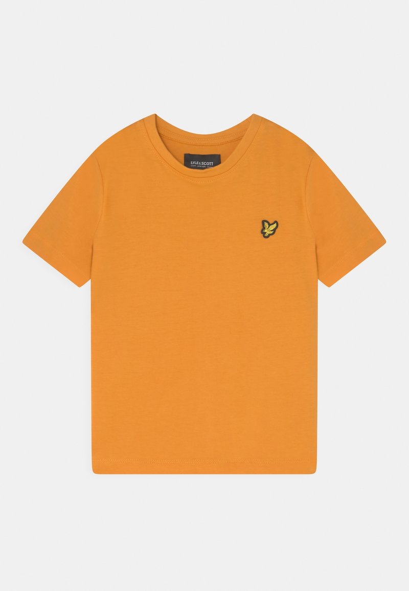 Orangenes Baumwoll-T-Shirt mit kurzen Ärmeln und rundem Halsausschnitt. Auf der linken Brust befindet sich ein kleines schwarz-gelbes, gesticktes Logo.