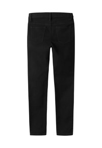 Pantalons en denim noir avec une coupe droite, design cinq poches et une texture lisse. Présente une taille et des accents de couture visibles.