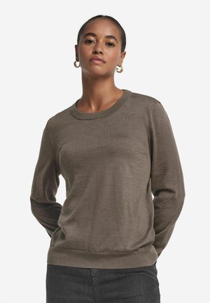 Brązowy sweter z długim rękawem, wykonany z miękkiego materiału, z okrągłym dekoltem i ściągaczem na dole. Charakteryzuje się luźnym krojem i minimalistycznym designem.