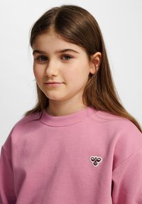 Lichtroze sweatshirt met geribde halslijn, met een klein geborduurd ontwerp op de linkerborst. Zachte, katoenachtige textuur.