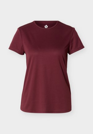 Short-sleeve crew neck plain burgundy women's t-shirt with a small white logo at the inner back collar on a plain background.