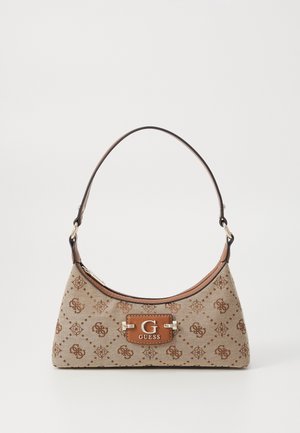 Small beige and brown Guess handbag with monogram pattern, curved top zipper, and single thin shoulder strap.