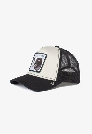 Cappello da camionista con parte anteriore crema, retro in rete nera e visiera nera. Caratterizzato da un design ricamato di una mucca con la parola "CASH."