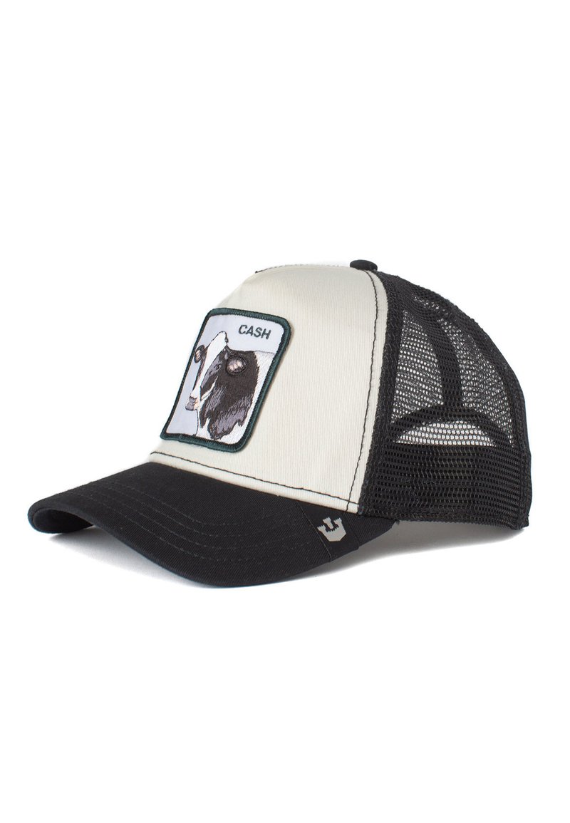 Gorra de camionero con un frente crema, espalda de malla negra y visera negra. Presenta un diseño de vaca bordado con la palabra "CASH".