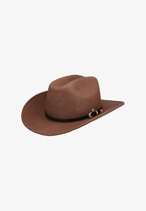 Brauner Filz-Cowboyhut mit breiter Krempe und schwarzem, geflochtenem Band mit goldenen und silbernen dekorativen Akzenten.