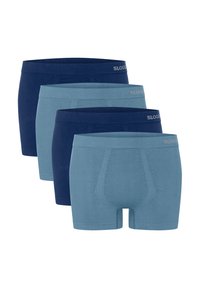 Fyra par Sloggi kalsonger i mörkblå och ljusblå nyanser. Slät tyg med elastisk midja och funktionell gylfdesign.