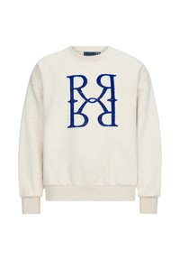 Felpa crema con scollo rotondo e polsini a coste. Presenta un design del logo ricamato blu centrato sulla parte anteriore. Texture morbida.