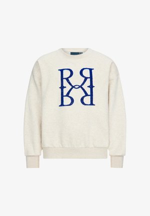 Felpa crema con scollo rotondo e polsini a coste. Presenta un design del logo ricamato blu centrato sulla parte anteriore. Texture morbida.