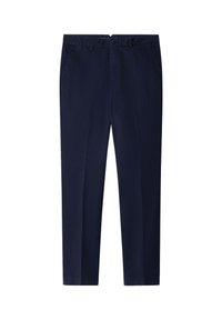 Pantalones chinos de algodón de color azul marino con frente plano, trabillas para cinturón y cierre de botón. Cuentan con dos bolsillos laterales y dos bolsillos traseros. Diseño de pierna recta.