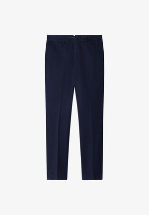 Marineblaue Baumwollchinos mit flacher Vorderseite, Gürtelschlaufen und Knopfverschluss. Mit zwei Seitentaschen und zwei Gesäßtaschen. Gerade geschnittene Beine.