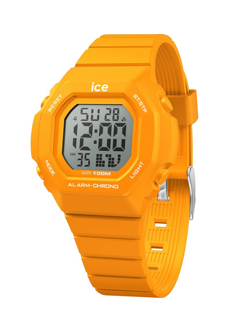 Reloj digital con una brillante correa de goma naranja, caja octagonal y pantalla LCD que muestra la hora, la fecha y botones de función. Resistente al agua hasta 100m.