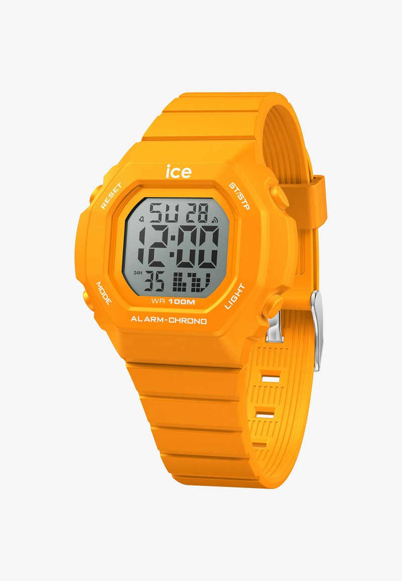 Reloj digital con una brillante correa de goma naranja, caja octagonal y pantalla LCD que muestra la hora, la fecha y botones de función. Resistente al agua hasta 100m.