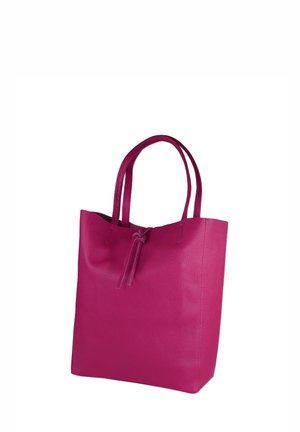 Fuchsia Leder Tragetasche mit zwei Griffen, strukturiertem Material und Kordelzugverschluss an der Oberseite. Minimalistisches Design in quadratischer Form.