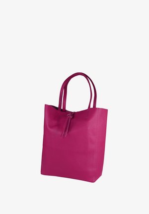 Fuchsia leather tote bag with two handles, textured surface, and drawstring closure at the top. Minimalist design with a square shape.