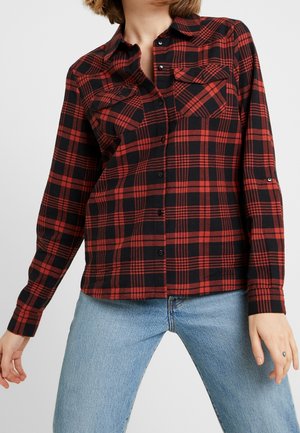 Kvinde iført en rød og sort ternet skjorte med brystlommer og lyseblå jeans, poserer mod en ensfarvet baggrund.