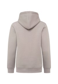 Helles graues Sweatshirt mit Kapuze und Zugband, Rippbündchen und Saum. Hergestellt aus weichem Stoff, der eine glatte Textur und ein minimalistisches Design aufweist.