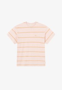 Maglietta a righe di un delicato rosa pallido con strisce orizzontali arancioni, maniche corte e scollatura arrotondata. Presenta un piccolo logo sul petto.