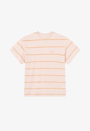 Gestreiftes T-Shirt in zartem Rosa mit orangefarbenen horizontalen Streifen, kurzen Ärmeln und rundem Ausschnitt. Verfügt über ein kleines Logo auf der Brust.