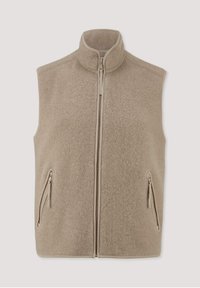 Beige Fleece-Weste mit hohem Kragen, vorderem Reißverschluss und zwei seitlichen Reißverschlusstaschen. Sie hat eine weiche Textur und minimalistische Nähdetails.