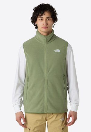 Uomo che indossa un gilet in pile verde chiaro con cerniera sopra una camicia bianca a maniche lunghe e pantaloni beige, in piedi davanti a uno sfondo semplice.