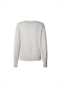 Pull gris clair à manches longues et col rond, avec poignets et ourlet côtelés, présenté de dos sur fond blanc.