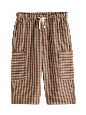 Shorts à rayures verticales marron et blanches avec taille élastique, cordon de serrage à l'avant et deux grandes poches cargo sur les côtés.
