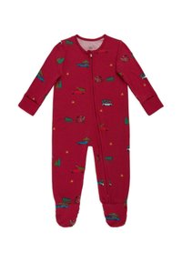 Pijama de una sola pieza rojo con mangas largas, con cremallera. El estampado incluye coches con árboles de Navidad y estrellas. Material suave de algodón.