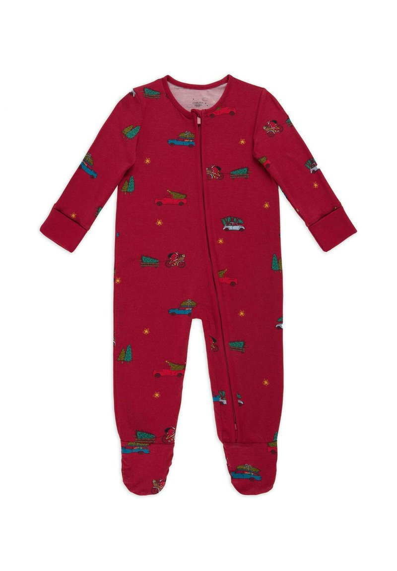 Pijama de una sola pieza rojo con mangas largas, con cremallera. El estampado incluye coches con árboles de Navidad y estrellas. Material suave de algodón.