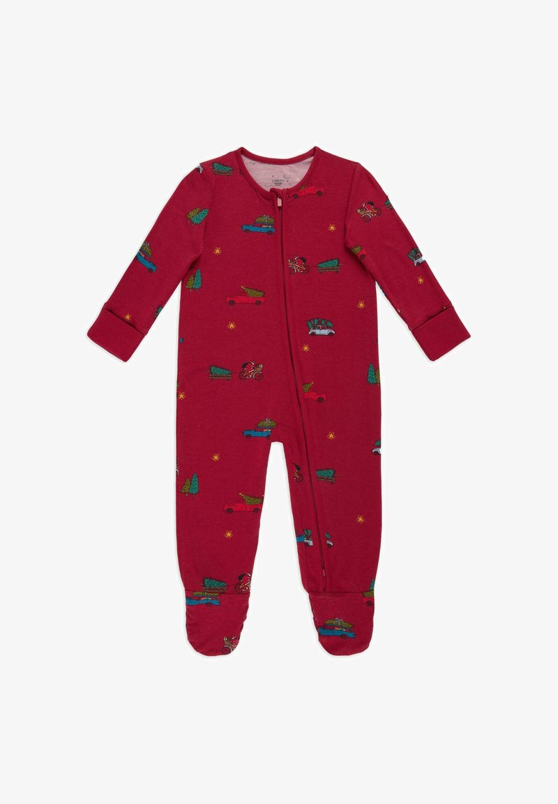 Pijama de una sola pieza rojo con mangas largas, con cremallera. El estampado incluye coches con árboles de Navidad y estrellas. Material suave de algodón.