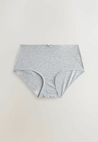 Sous-vêtements pour femmes en coton gris clair taille haute, avec un petit nœud décoratif au centre de la ceinture devant, sur un fond neutre.