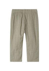 Pantaloni cropped verde chiaro in morbido tessuto con vita elasticizzata. Presentano una vestibilità rilassata e una texture leggermente stropicciata.